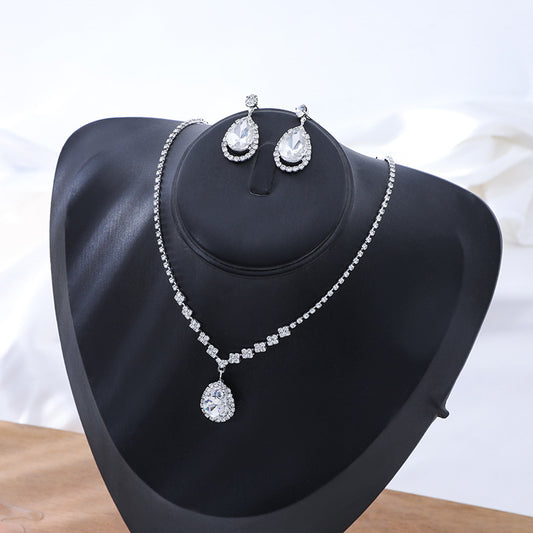 Wedding Drop Pendant Set Chain Bridal Rhinestone Silver-plated Necklace Earrings 2-piece